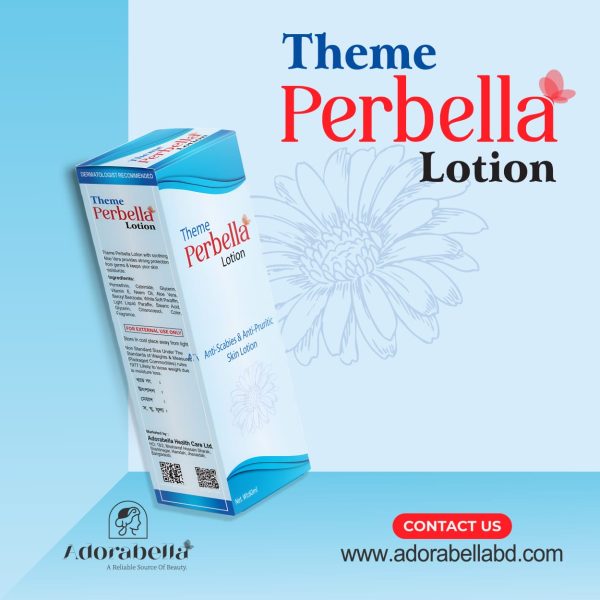 Theme Perbella Lotion box with blue background and flower sketch, highlighting anti-scabies and anti-pruritic use by Adorabella in Bangladesh