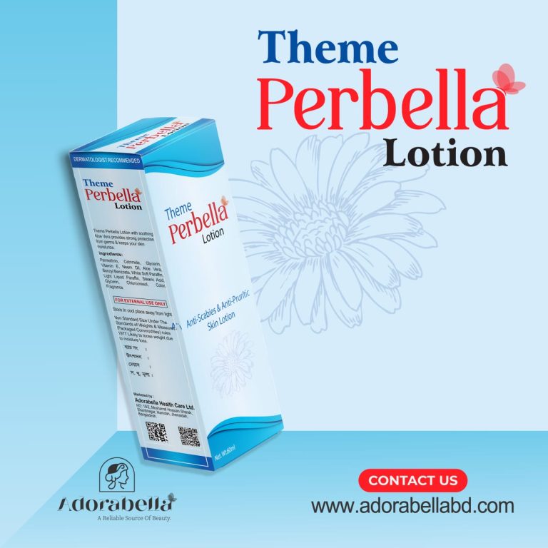 Theme Perbella Lotion box with blue background and flower sketch, highlighting anti-scabies and anti-pruritic use by Adorabella in Bangladesh