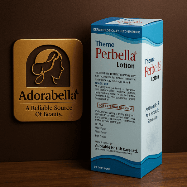 Perbella Lotion box displayed beside Adorabella golden logo, a skincare product designed for anti-acne and skin protection in Bangladesh