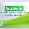 Scabwin soap bar with packaging containing Permethrin and Cetrimide, 75gm, by Iatric Pharmaceuticals.