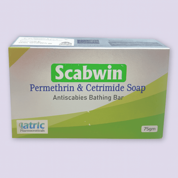 Scabwin soap bar with packaging containing Permethrin and Cetrimide, 75gm, by Iatric Pharmaceuticals.