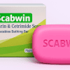 Scabwin soap bar with packaging containing Permethrin and Cetrimide, 75gm, by Iatric Pharmaceuticals.