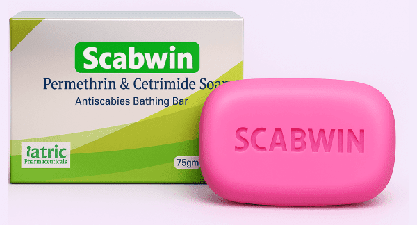 Scabwin soap bar with packaging containing Permethrin and Cetrimide, 75gm, by Iatric Pharmaceuticals.