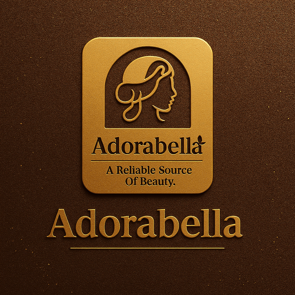 Adorabella logo with tagline “A Reliable Source of Beauty” on a textured gold and brown background