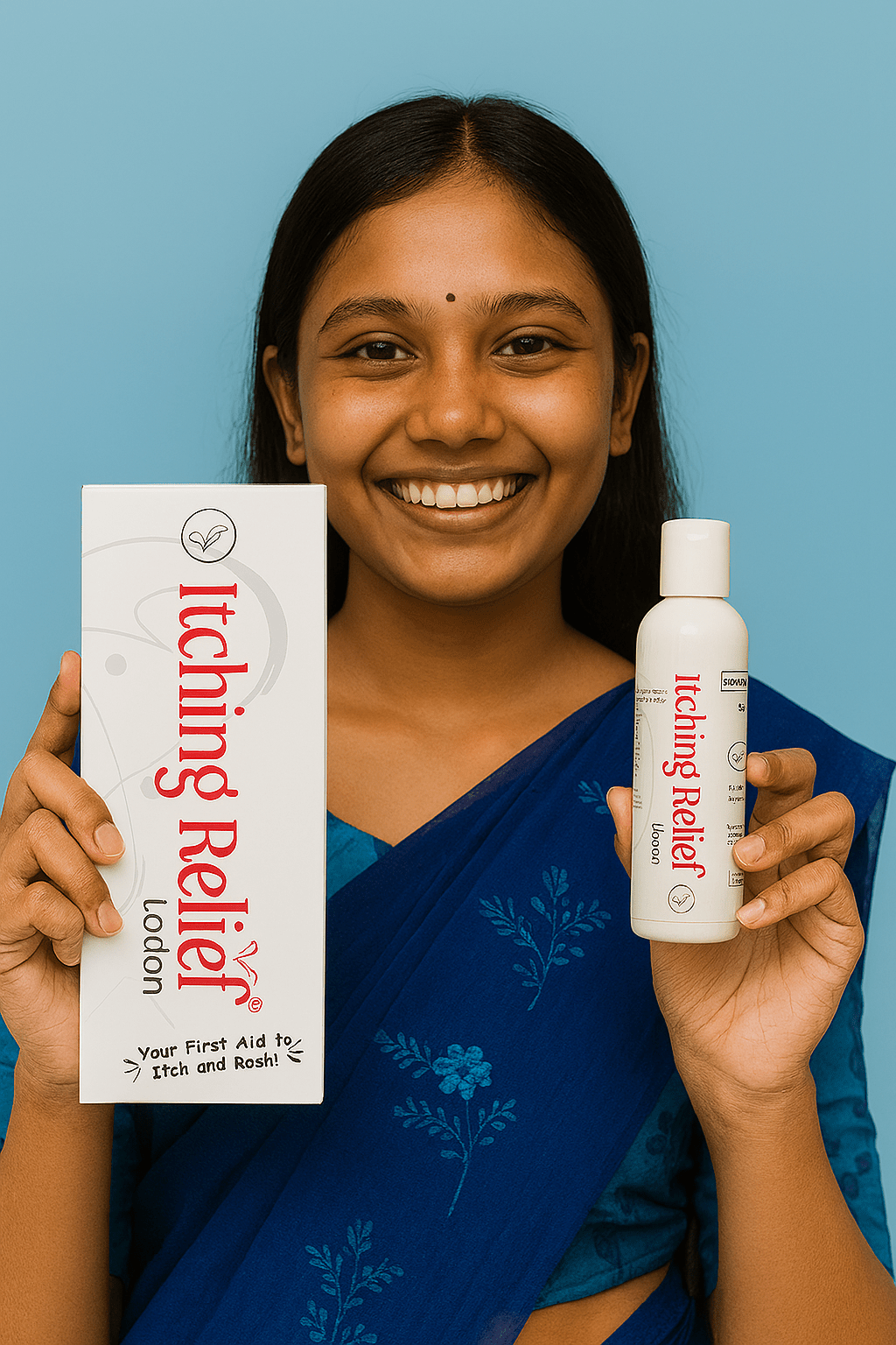 Smiling Bangladeshi girl in blue saree holding Itching Relief Lotion and packaging