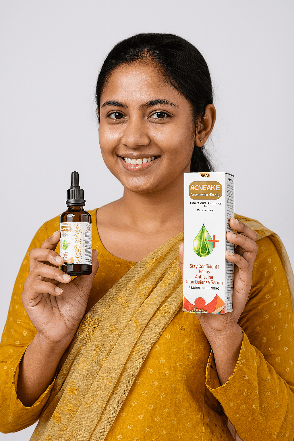 Bangladeshi woman in mustard salwar kameez holding Acne Axe Anti-Acne Serum and box
