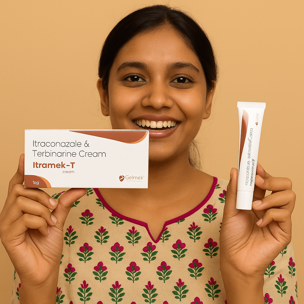 Smiling Bangladeshi woman holding Itramek-T antifungal cream and packaging against a beige background