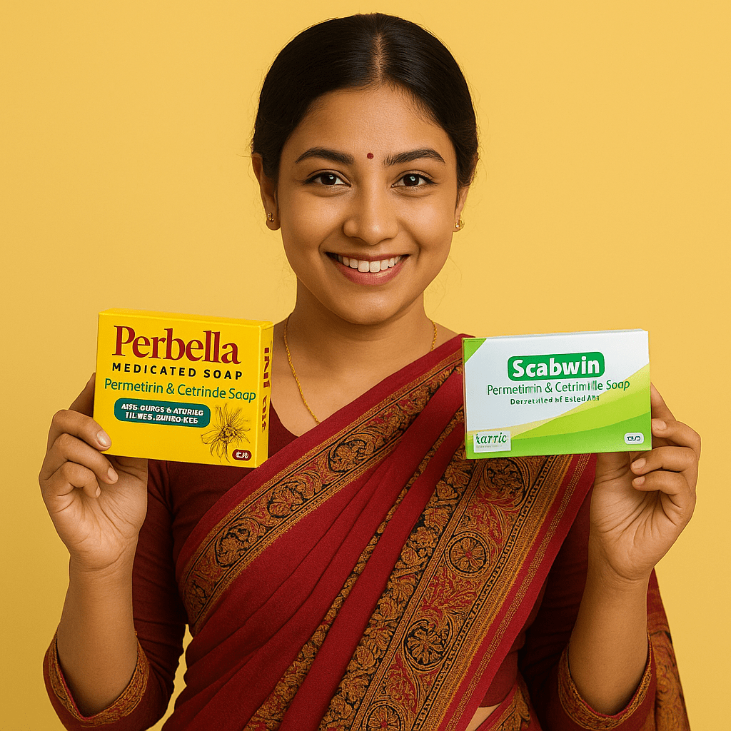 Bangladeshi woman in traditional saree happily holding Perbella and Scabwin medicated soap