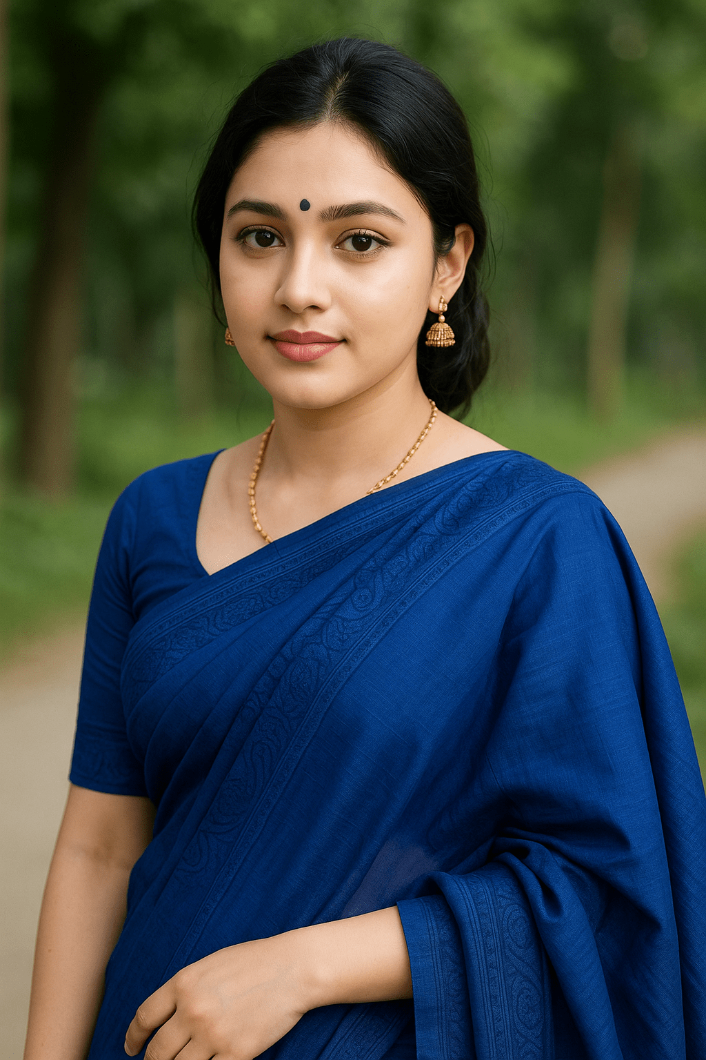 Bangladeshi girl wearing a blue saree smiling after using Adorabella skincare products