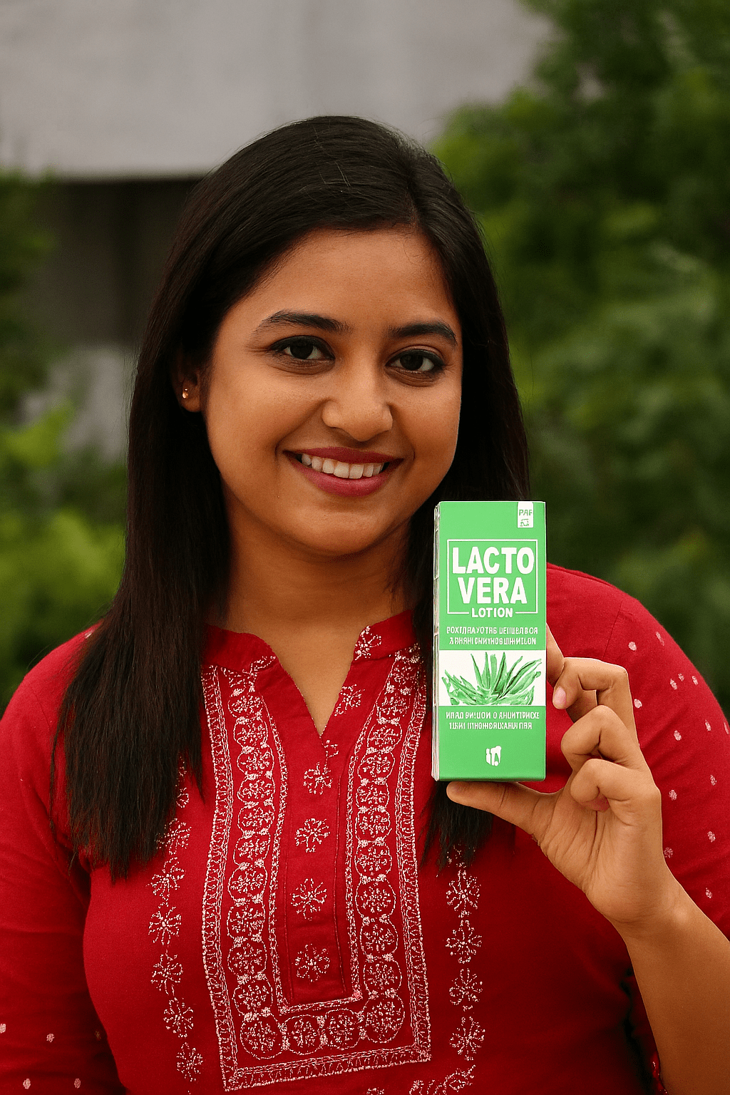 Happy Bangladeshi woman holding Lacto Vera Whitening Moisturizing Lotion with smile