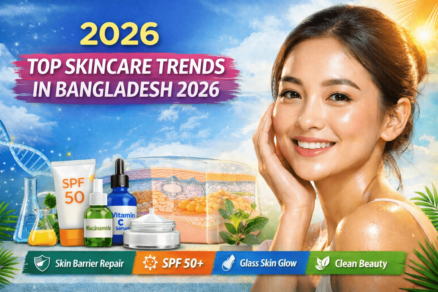 Top Skincare Trends in Bangladesh 2026 featuring sunscreen SPF 50, vitamin C serum and skin barrier repair concept